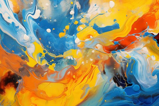 Futuristic Fusion: Orange, Blue, and Yellow Abstract Painting"
Description: An avant-garde abstract painting blending orange