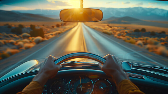 Sunset Road Trip, Driver's Perspective through Classic Car Windshield