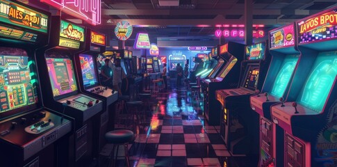 A neon lit room with many video game machines