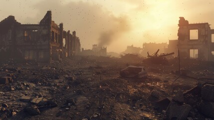 A desolate cityscape with a car in the middle of the rubble - obrazy, fototapety, plakaty