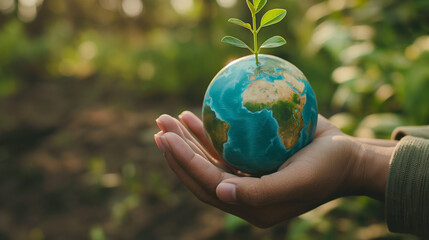 A person is holding a globe with a plant growing out of it, resembling a Christmas ornament. The plant is green grass, and the persons finger is electric blue, adding a pop of color to the scene