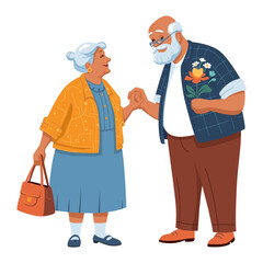 Cheerful old man gives bouquet of wild flowers to sweet old lady. Vector flat illustration