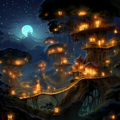 A treehouse village in a bioluminescent forest.