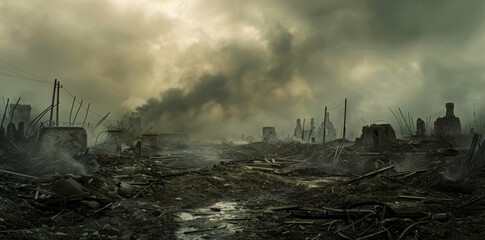 A desolate landscape with smoke and ash in the air