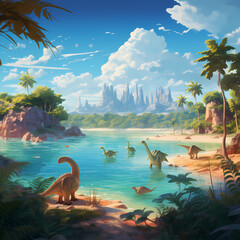 A tropical island with friendly dinosaur inhabitants - obrazy, fototapety, plakaty