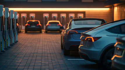 Fototapeta na wymiar A line of electric cars with glowing tail lights are parked on asphalt at a charging station, their tires resting on the ground