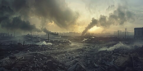 Desolate vista with billowing smoke and drifting ash, depicting a world ravaged by disaster and filled with ominous silence. - obrazy, fototapety, plakaty