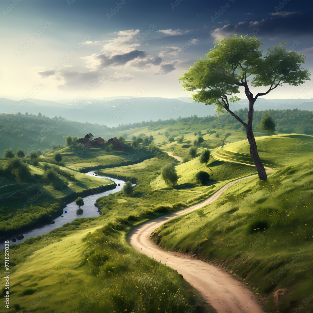 Wall mural A winding road through a peaceful countryside. 