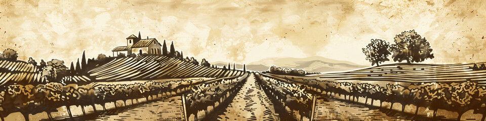 Vineyard landscape panorama. Vine plantation hills, rows of vineyards with wine stains. Vintage illustration, line sketch style. Farming and agriculture concept. Background for design card, banner