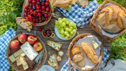 picnic food with fruit, cheese and bread. National picnic Month