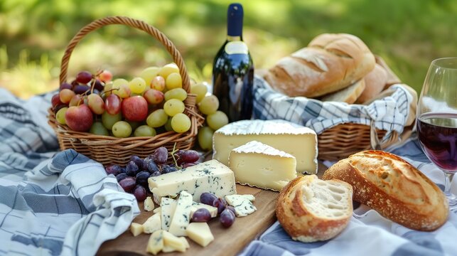 picnic food with fruit, cheese and bread. National picnic Month