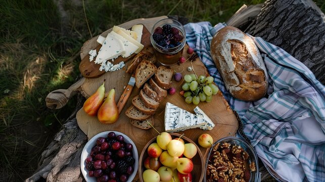 picnic food with fruit, cheese and bread. National picnic Month