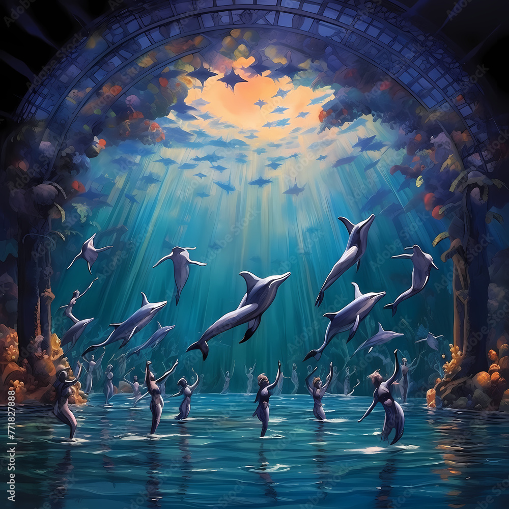 Poster Aquatic ballet with mermaids and dolphins.