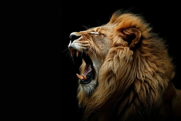 Fierce lion roaring majestically against stark black background, Powerful wildlife portrait