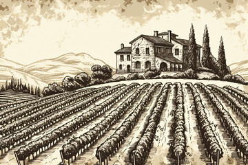 Vineyard landscape panorama. Vine plantation hills, rows of vineyards with wine stains. Vintage illustration, line sketch style. Farming and agriculture concept. Background for design card, banner