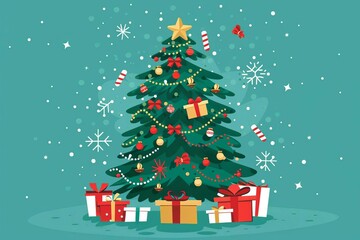 Festive Christmas tree with wrapped gifts illustration, holiday season celebration, joyful decorative design