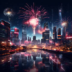 Fireworks display in a digital city. 