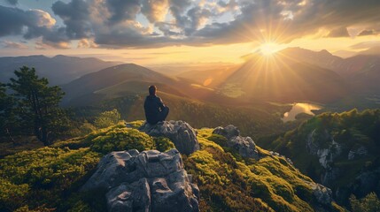 Man sitting alone at mountain during sun set  - obrazy, fototapety, plakaty