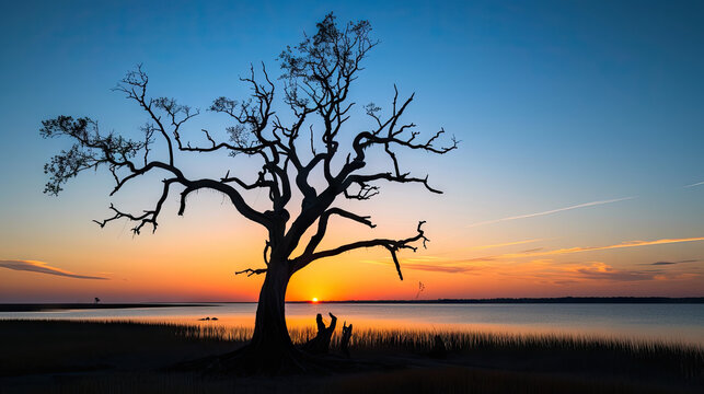 A Dead Tree Silhouetted Against the Sunrise Along the Cape Fear River Near the Atlantic Ocean Outside Wilmington, North Carolina