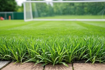 Green lawn with football goals in the background. Sports ground with green lawn.