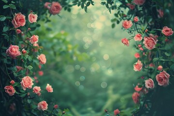 Fototapeta na wymiar Enchanting pink roses entwined with vines on a bokeh forest background, fantasy floral frame