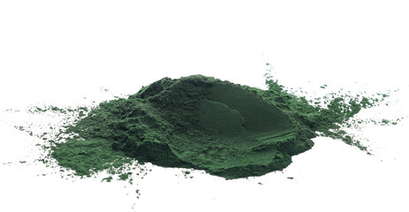 Organic spirulina powder, raw isolated on white, side view	