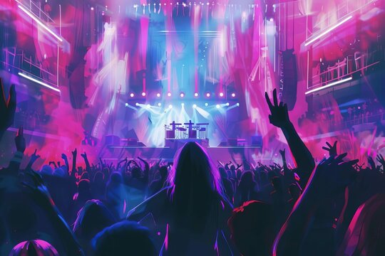 Energetic Crowd Cheering at Live Rock Concert, Bright Stage Lights Illuminating Music Festival Atmosphere, Digital Painting
