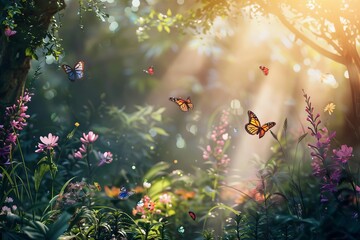  Enchanted forest landscape with magical butterflies, flowers, and sunlight, fairy tale fantasy background, digital art - obrazy, fototapety, plakaty