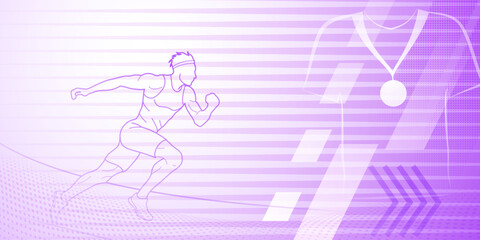 Runner themed background in purple tones with abstract lines and dots, with sport symbols such as a male athlete and a medal
