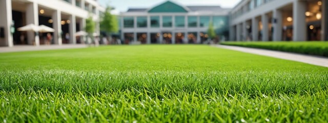 Texture of spring grass against the backdrop of a large shopping center. Green lawn in the city against the backdrop of a store.