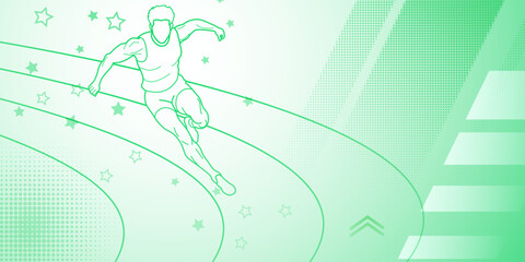 Runner themed background in green tones with abstract lines and dots, with sport symbols such as a male athlete and a running track