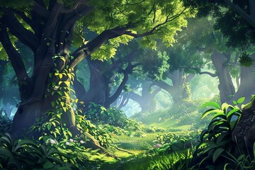 Enchanted fairytale forest with majestic trees and lush vegetation, digital painting - obrazy, fototapety, plakaty