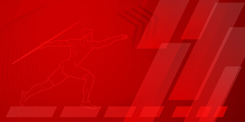 Javelin thrower themed background in red tones with abstract lines and dots, with sport symbols such as a male athlete
