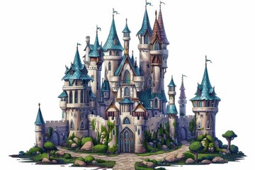 Fototapeta na wymiar Enchanted Fairytale Castle, Medieval Fantasy Architecture, Isolated on White Background, Digital Painting