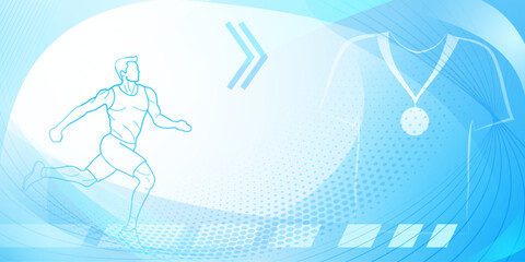 Runner themed background in light blue tones with abstract curves and dots, with sport symbols such as a male athlete, running track and a medal