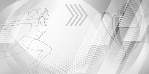 Runner themed background in gray tones with abstract curves and dots, with sport symbols such as a female athlete and a cup