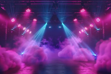 Empty stage with laser lights and smoke in dark room, concert or party background, 3D illustration