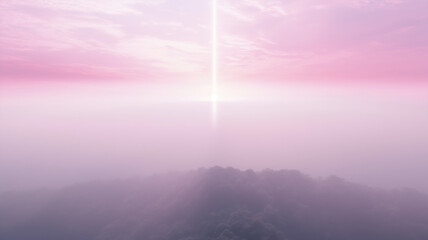 A beam of light on the horizon; the sky is pink and filled with fog above the mountaintop; ethereal background