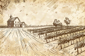 Vineyard landscape panorama. Vine plantation hills, rows of vineyards with wine stains. Vintage illustration, line sketch style. Farming and agriculture concept. Background for design card, banner