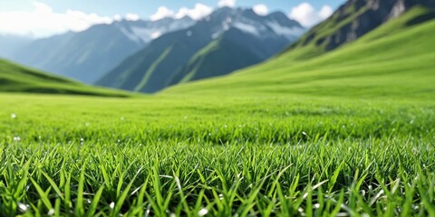 Green alpine meadows against the backdrop of mountains. Lawn in the mountains. Background of green grass in wild nature - obrazy, fototapety, plakaty