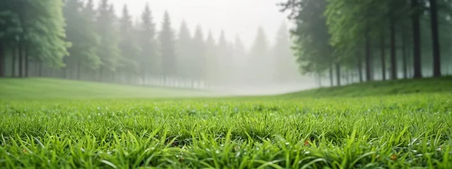 Fotobehang Green lawn with fresh grass against the backdrop of a foggy forest. Nature spring grass background texture © 360VP