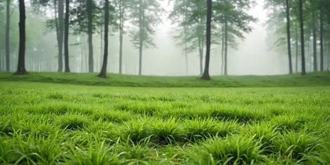 Cercles muraux Destinations Green lawn with fresh grass against the backdrop of a foggy forest. Nature spring grass background texture