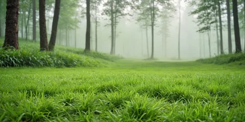 Poster Green lawn with fresh grass against the backdrop of a foggy forest. Nature spring grass background texture © 360VP