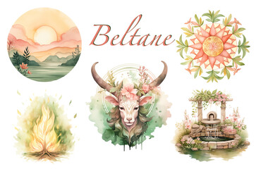 Green and Pink fertility festival Set of Beltane Wiccan watercolor illustrations. Wheel of the year isolated folklore art. Celtic pagan PNG bundle with Horned God, bonfire and sacred well. - obrazy, fototapety, plakaty