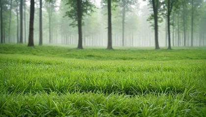  Green lawn with fresh grass against the backdrop of a foggy forest. Nature spring grass background texture © 360VP