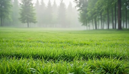 Green lawn with fresh grass against the backdrop of a foggy forest. Nature spring grass background texture