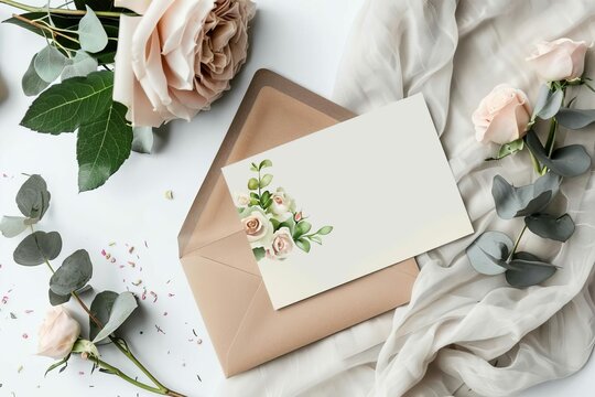 Elegant floral wedding stationery mockup with roses, peonies and eucalyptus, product photography