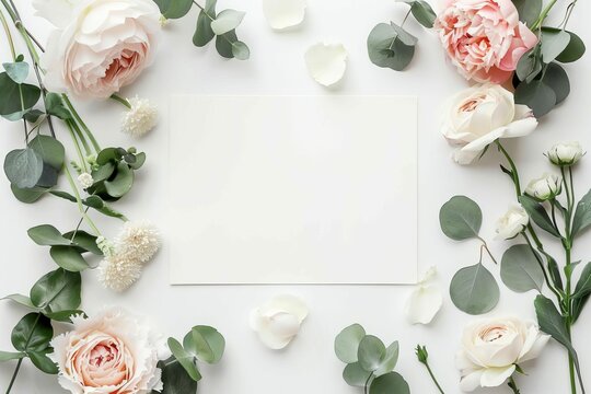 Elegant floral wedding stationery mockup with roses, peonies and eucalyptus, product photography