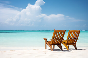 Fototapeta premium tranquil beach setting with two empty wooden chairs facing the calm turquoise sea, accentuating a sense of relaxation and solitude - Generative AI