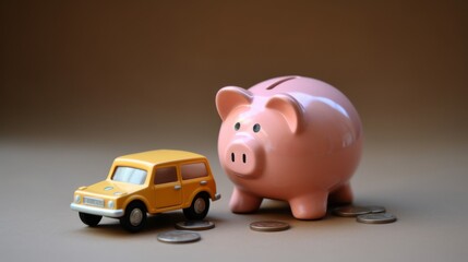 Piggy Bank and Toy Car on Brown Surface, AI Generated